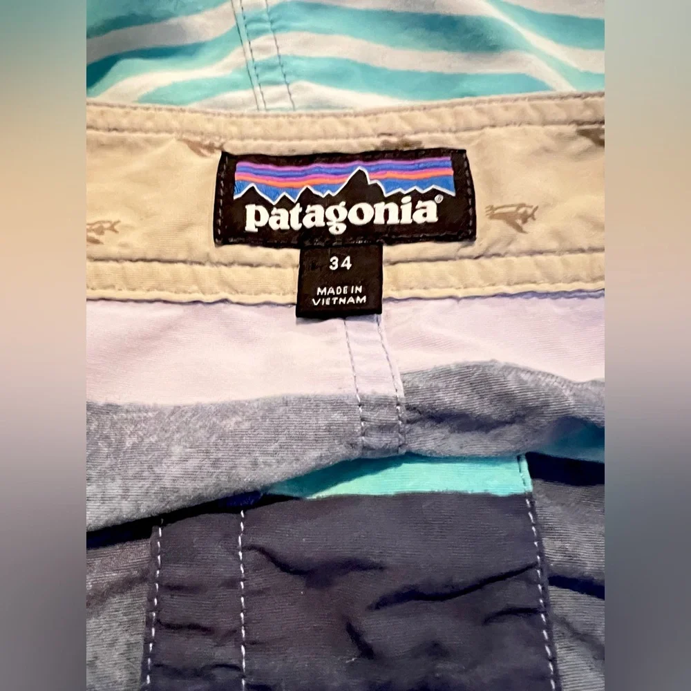 Patagonia Swim Board Shorts Trunks Mens 34 Blue Orange Striped Beach zip Pocket